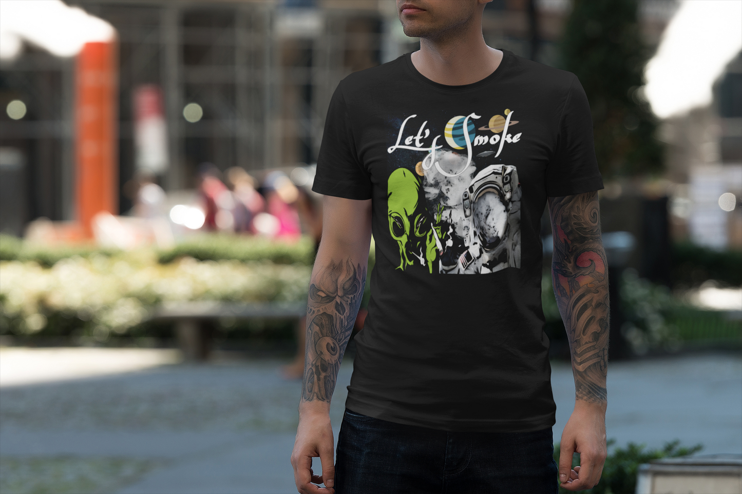 LETS SMOKE FUNNY STONER MARIJUANA WEED ALIEN ASTRONAUT GRAPHIC TEE T SHIRT