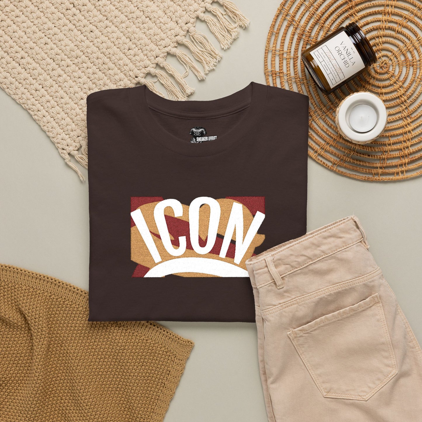 ICON Sequin Graphic Tee | Retro Lettering, Brown Cotton T-Shirt